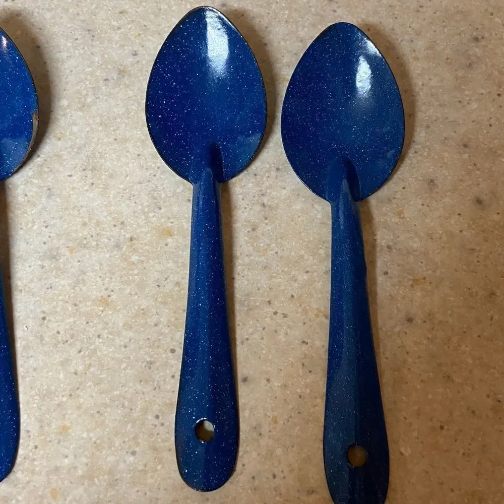 VTG, Enamel Deep Blue And White Speckled Granitewear Metal Serving Spoon Set 4